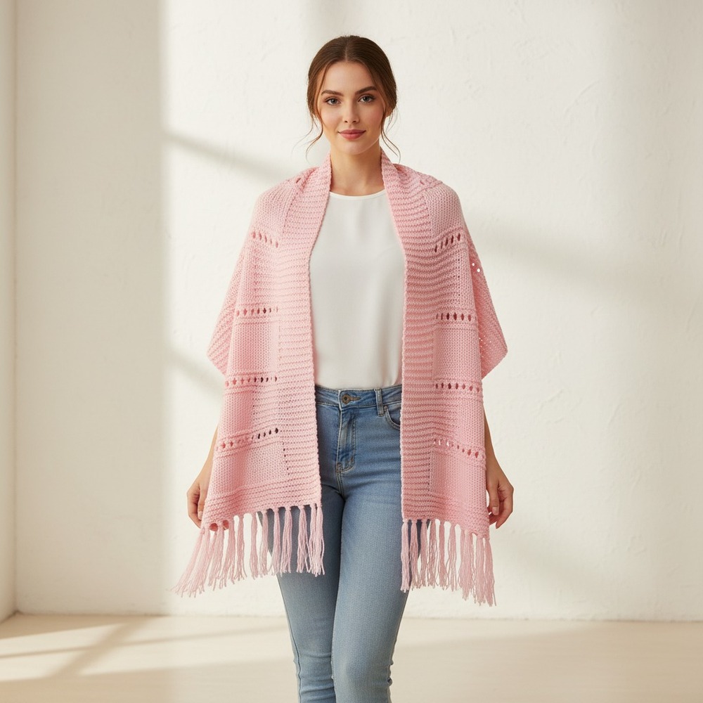 NEW Pink Hand Knit Shawl Wrap Scarf Boho Eyelet Coquette Cottage Fairy Whimsy